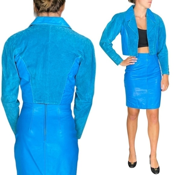 MICHAEL HOBAN NORTH BEACH VINTAGE 90S LEATHER BLUE CROP JACKET SKIRT SET SUIT - Picture 2 of 16
